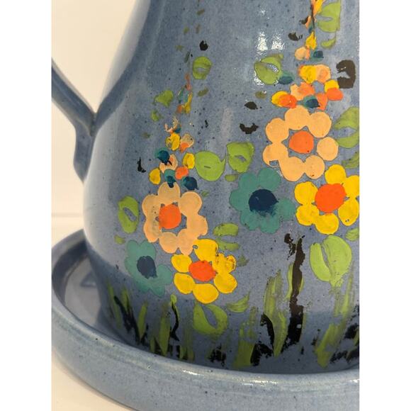 Vintage Handmade Pottery Pitcher Vase with Tray Painted Flowers - Picture 2 of 10